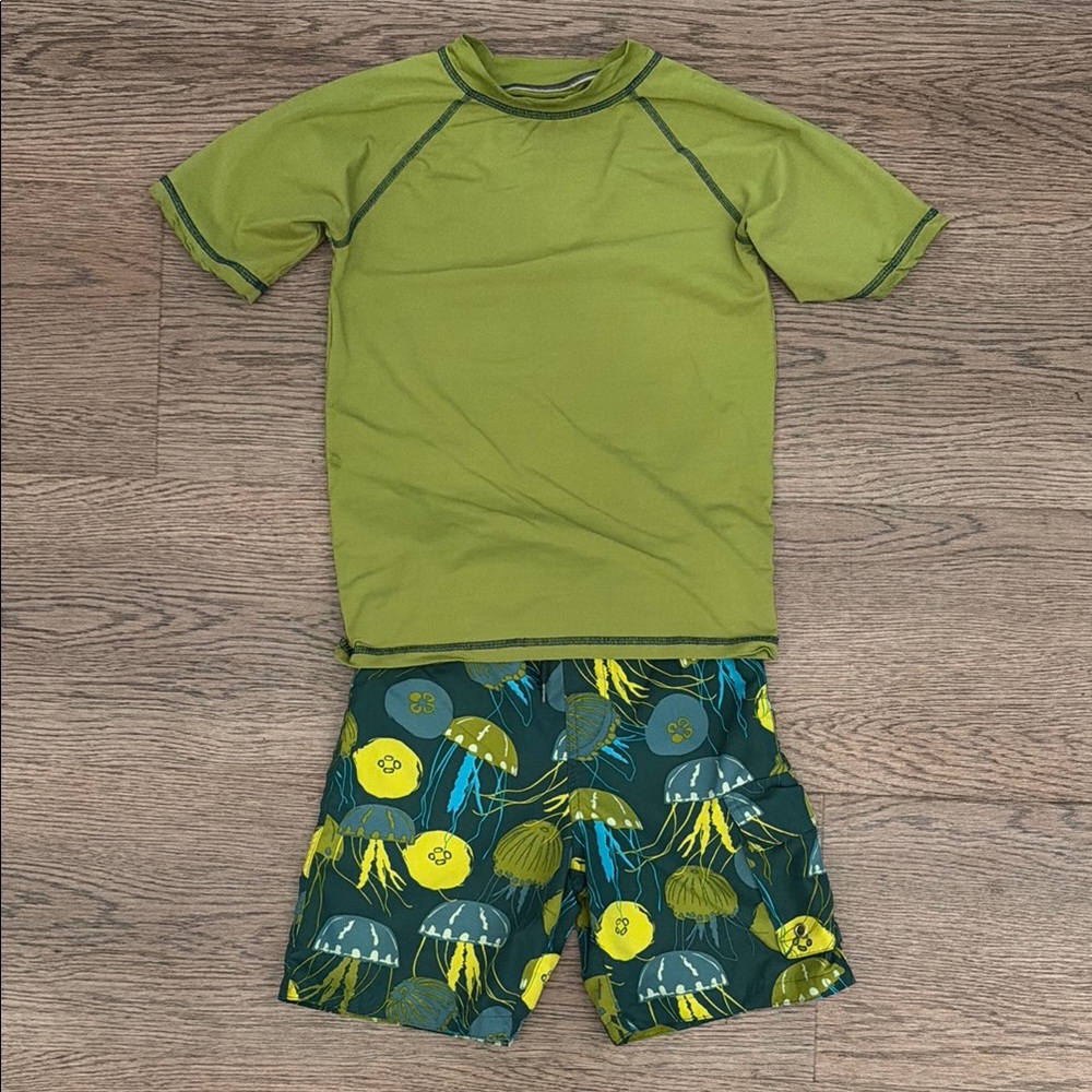 Boys Kids Swim Trunks Shorts Swimsuit Rash guard Set Top Green Blue Size 8